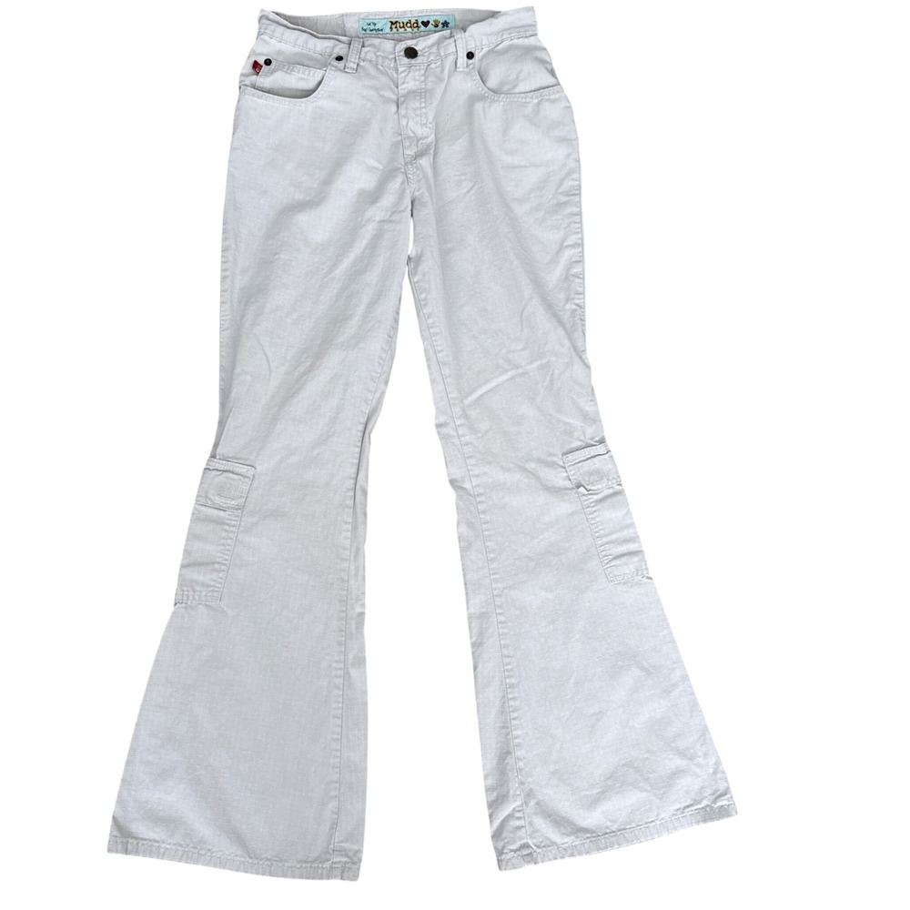 Mudd Cargo Flare Pants Women 9 Vintage Y2K Khaki Wide Leg Cotton Ripstop Retro
